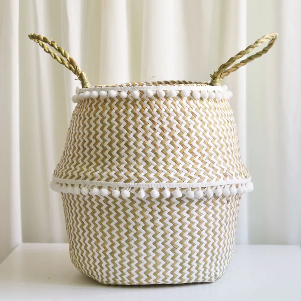 Cheapest price white zigzag seagrass belly baskets stackable storage for toys laundry baskets