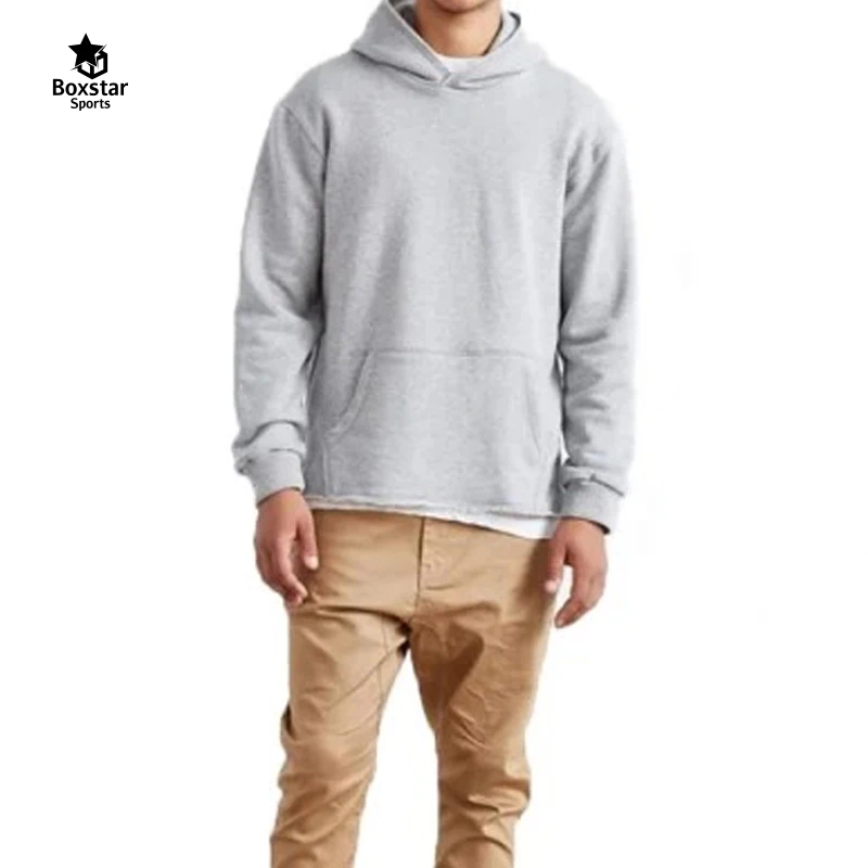 custom  long-sleeve unstitched edge mens cotton hoodie high quality raw hem hoodie