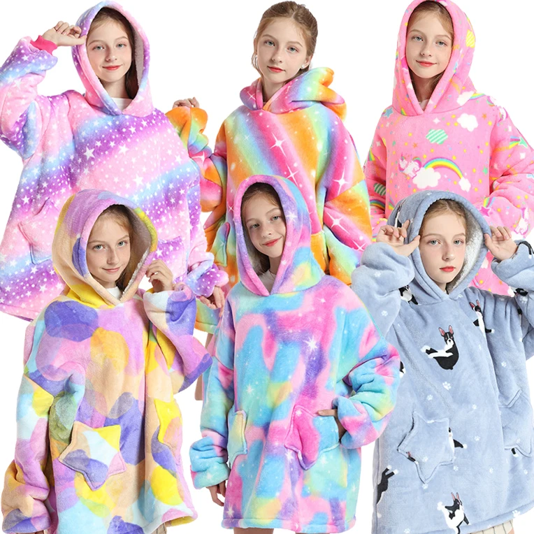 Warm Wearable Blanket Hoodie Oversized Sherpa Hooded Blanket Funny Sleeper Fuzzy  lazy hoodie kids sweatshirt