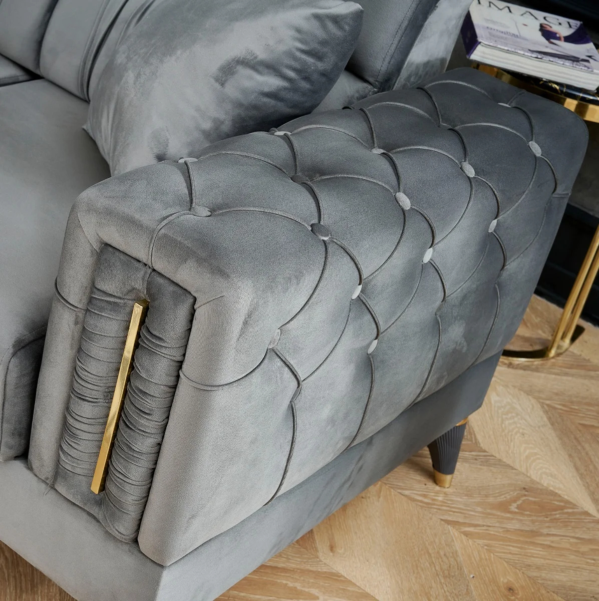 Hotel Project Furniture L Shaped Corner sofa Couch with cushions and upholstered leather and velvet Furniture from Turkey