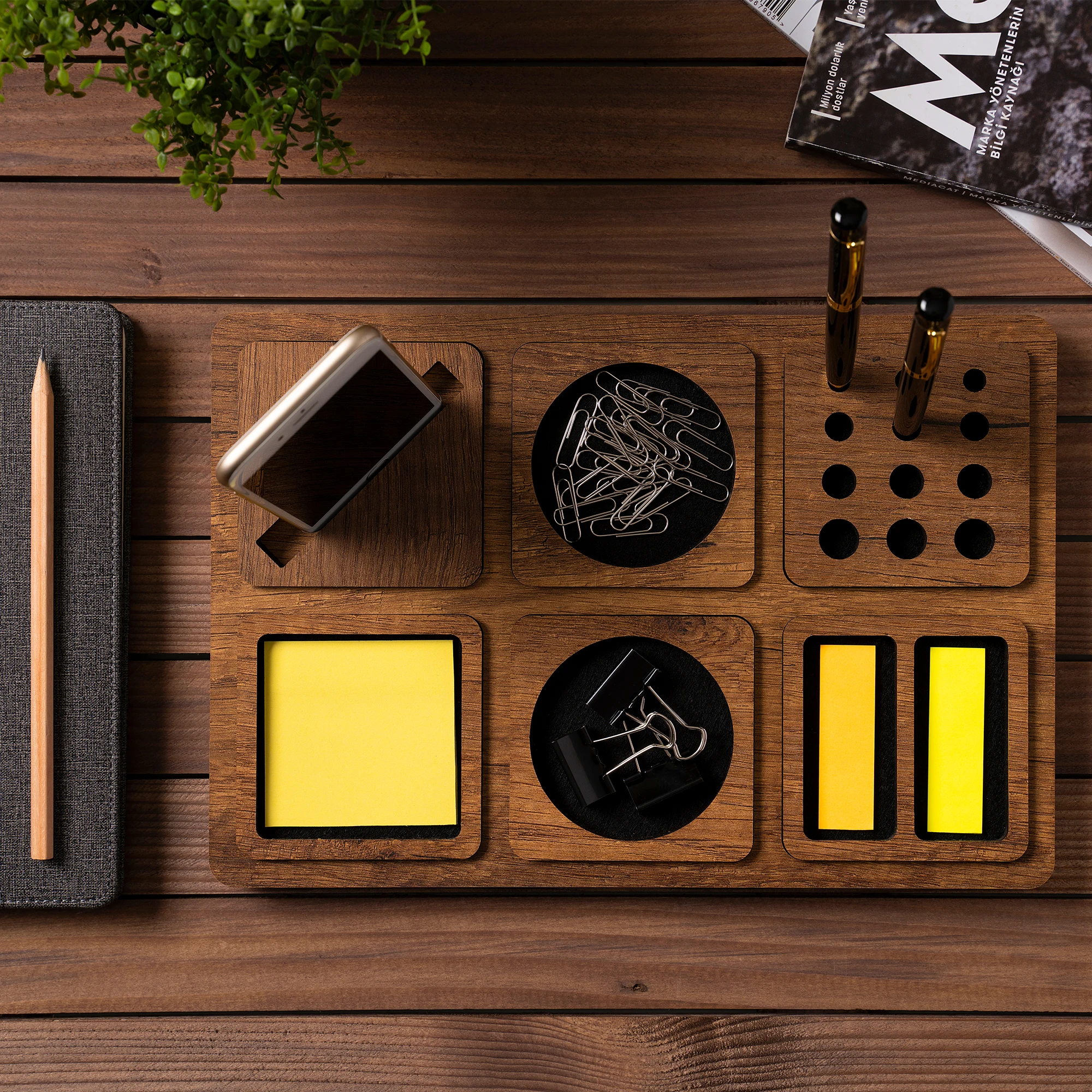 Office Solutions Wooden Office Desk Organizer Pen Holder for Desktop Tabletop Counter Office organizer Phone Stand