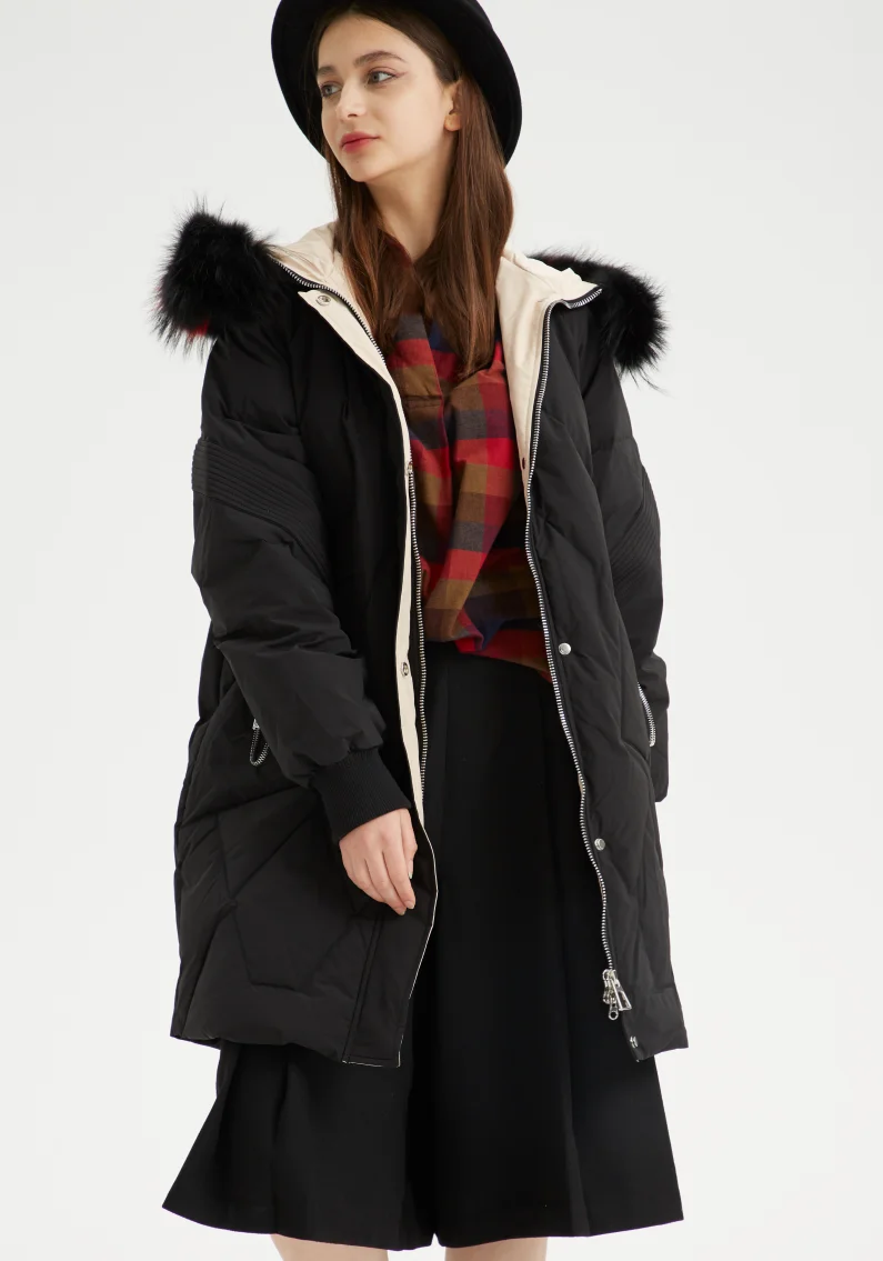 2024 OEM ODM Custom color Rubber logo Nylon Women Winter Duck Down Coat fur hoodie Women Long thick down jacket for Winter