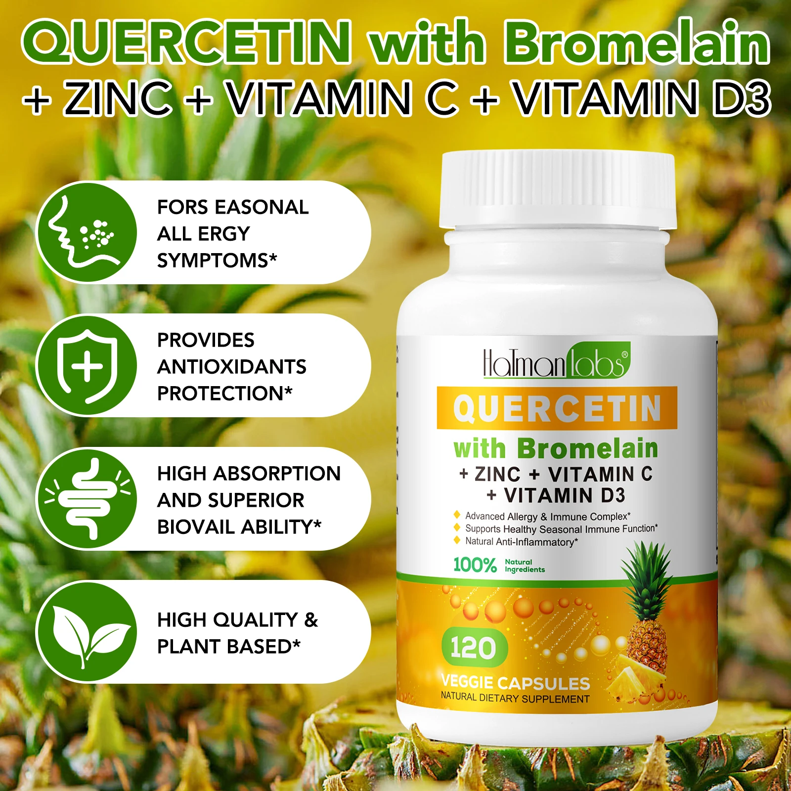 Natural Dietary Quercetin Capsules Supplement 120 Veggie Quercetin 500Mg Capsules Supplements With Bromelain Vitamin C And Zinc