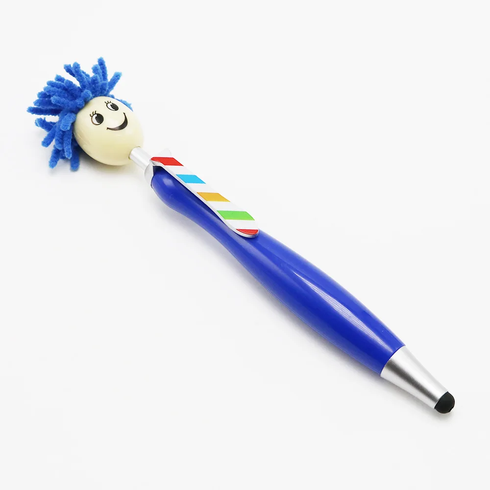 Wholesale Custom Logo Doll Head Stylus Screen Ballpoint Pen High Quality Promotional Smiley Mop Head Pen Mop Topper Pen