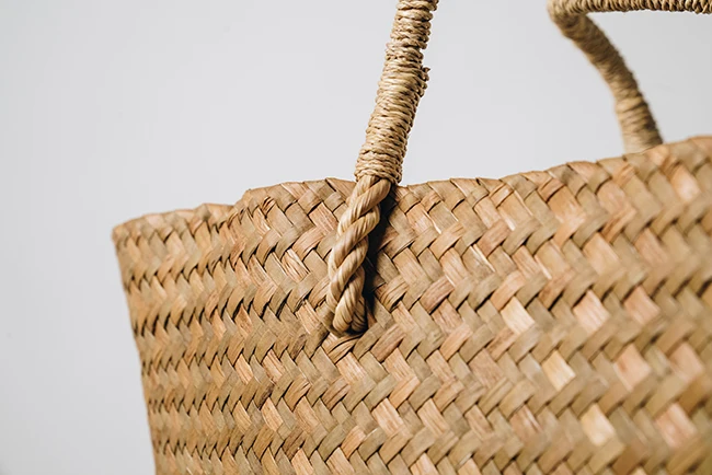 Kajood Wicker Thailand Handmade Tote Bag Light Brown Color Vintage Style Hand Craft Product of Thailand