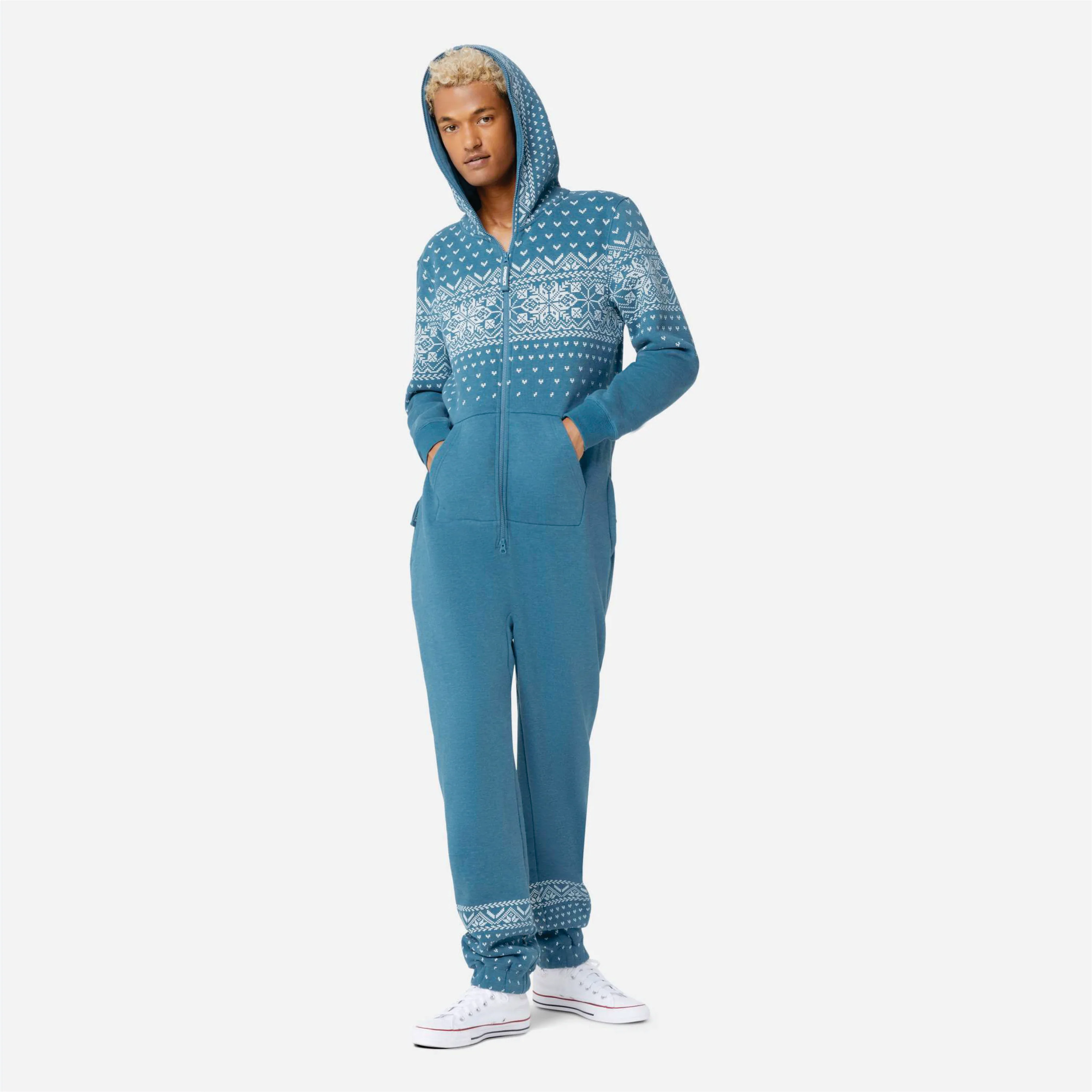 Print Detail and Embroidered Logo 50% Polyester 50% Cotton Side Pockets with Zipper Closure Unisex Faded Blue Alpine Jumpsuit