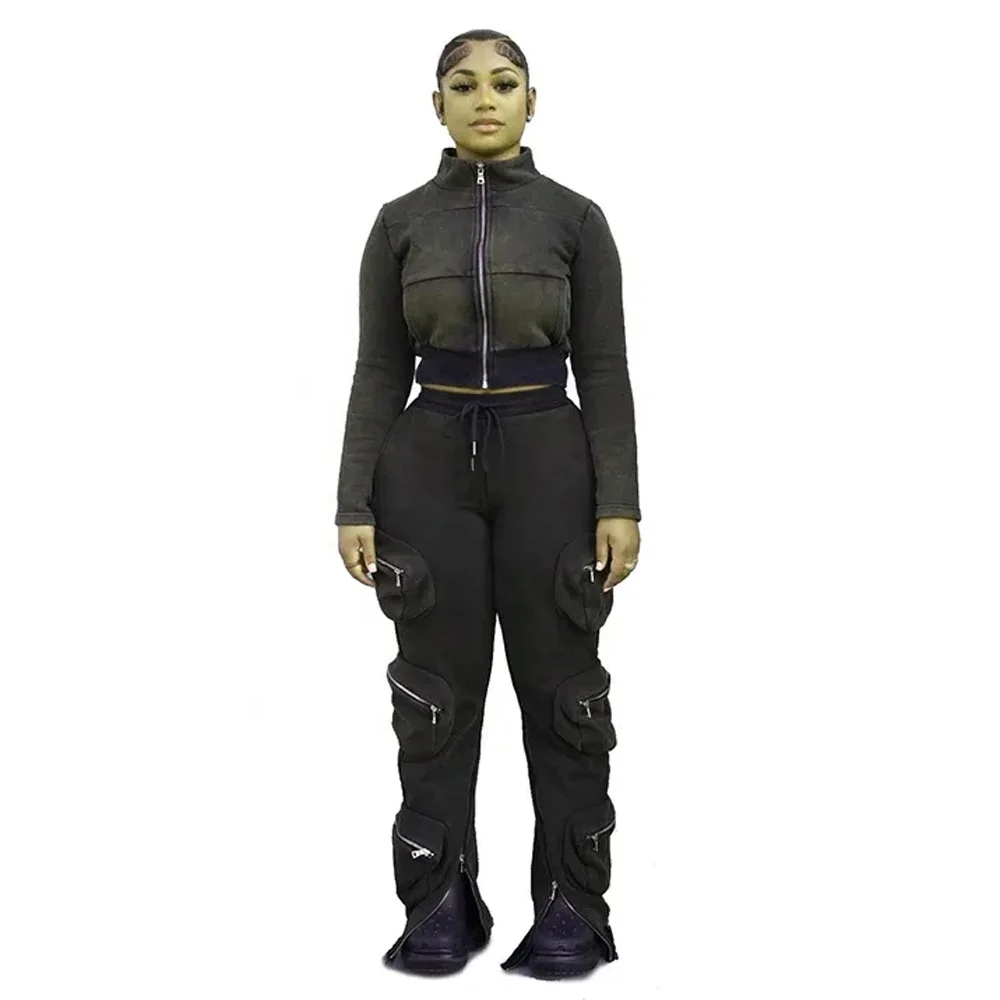 Wholesale 100%Cotton Casual Lightweight Flared Distressed Acid Wash Cropped Tracksuit Washed Boxy Hoodie and Joggers Tracksuits