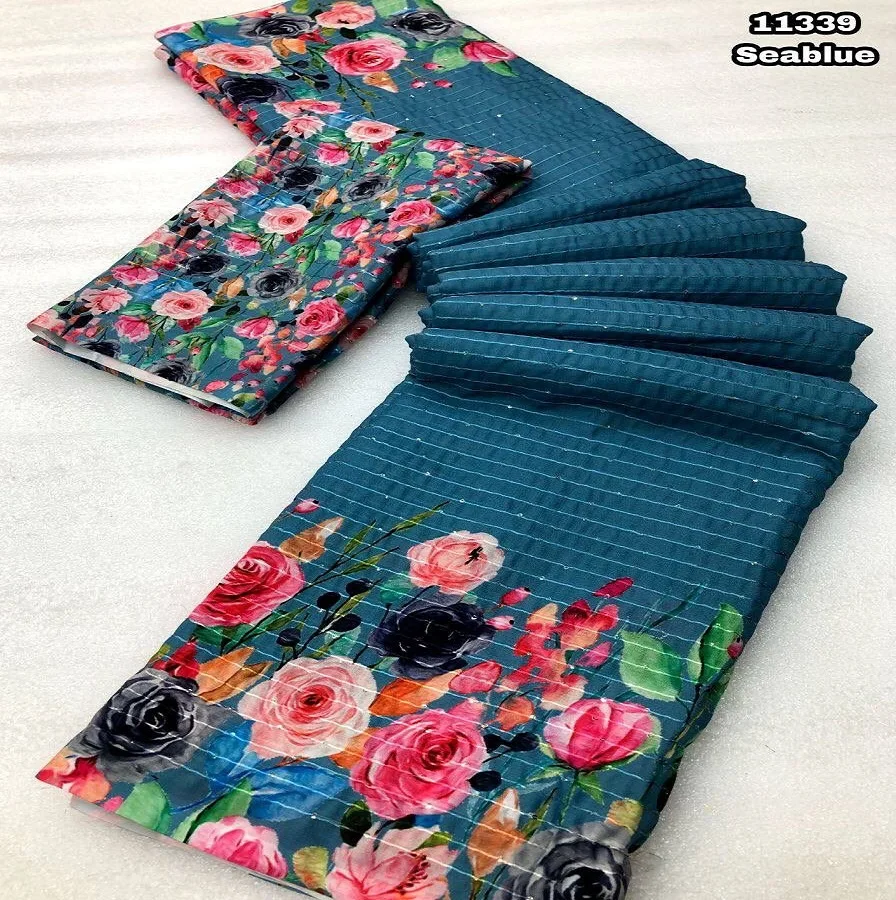 Indian designer GEORGEET WITH DIGITAL PRINT DESIGN WITH CROSEK SEQUENCE DESIGN WORK Saree