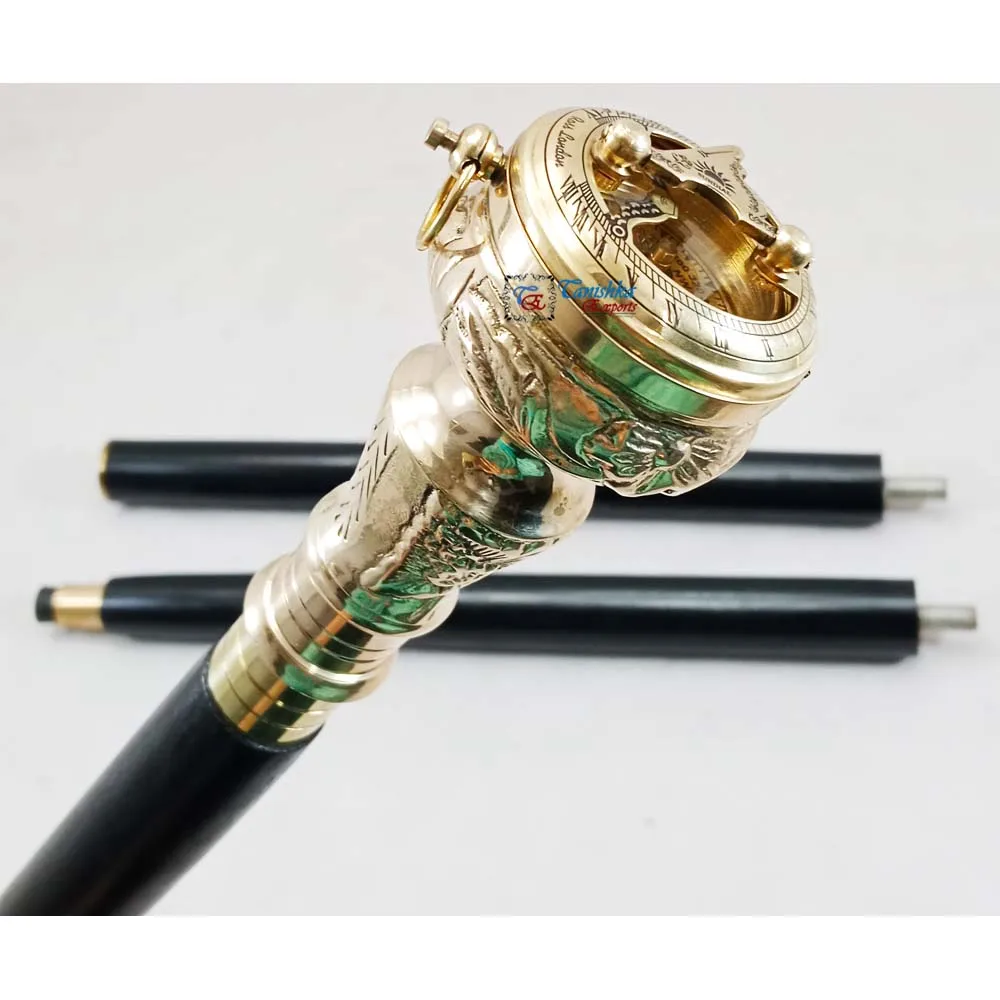Victorian Handle Designer Black Wooden Nautical Walking Stick Brass Sundial Compass Handle Walking Stick