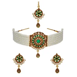 Traditional Choker Necklace Set in Gold finish Green Artificial Stone Indian Pearls Choker Necklace with Earring and Maang Tikka