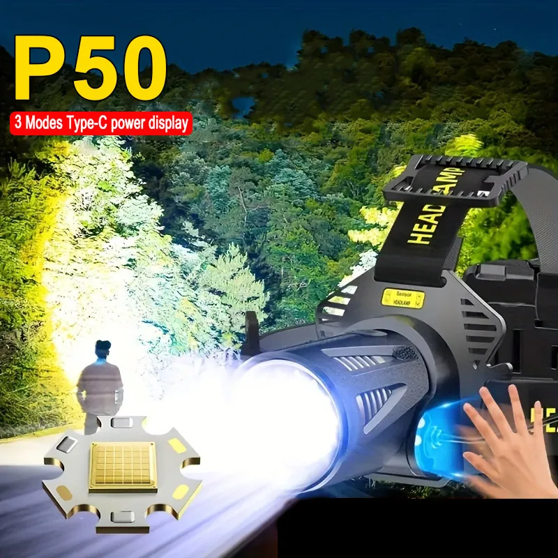 Outdoor Induction Zoom Strong Brightness 30W Type-C Lantern Waterproof Rechargeable Fishing Headlamp