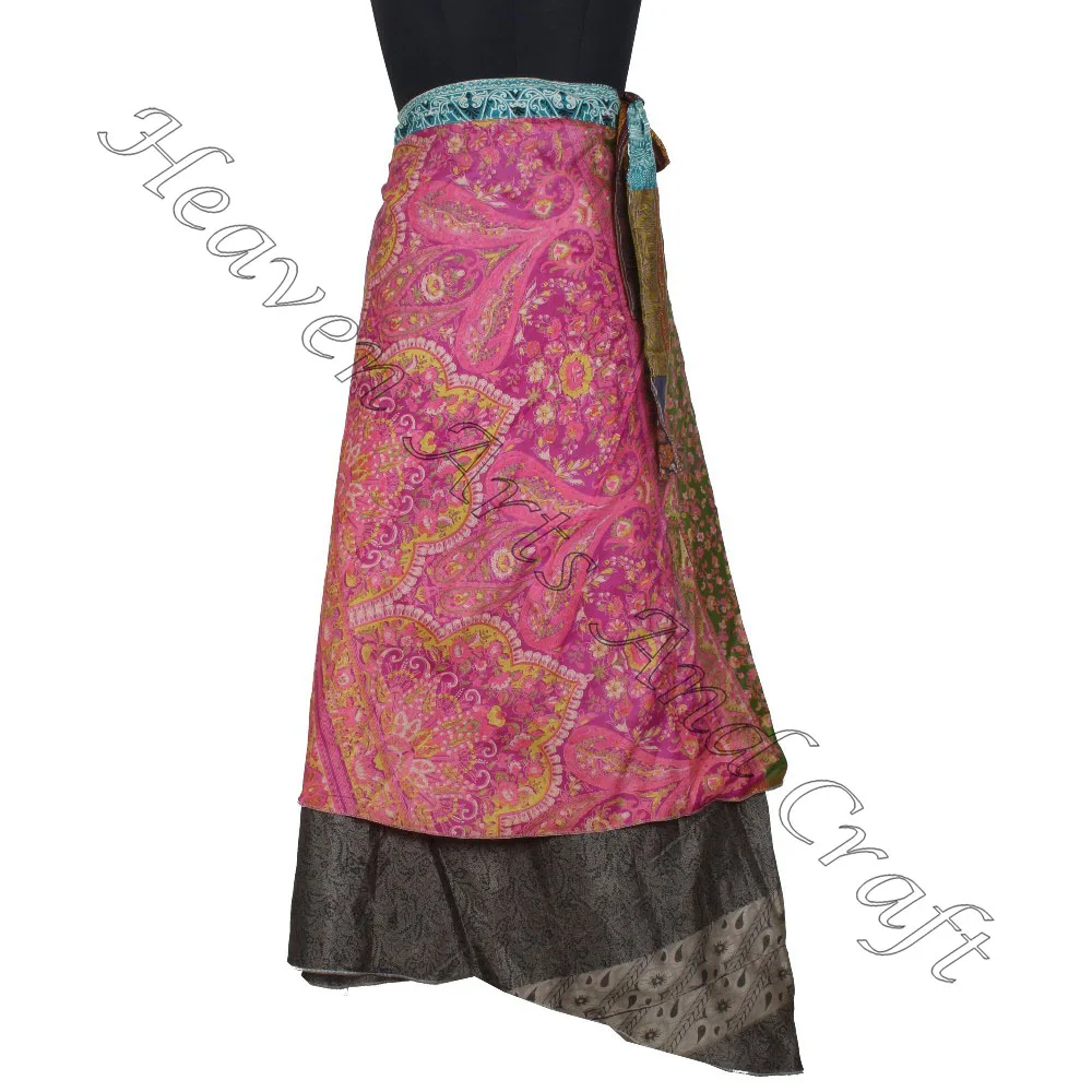 Best Buying Wholesale Price For Saree Silk Magic Wrap Skirts Vintage Indian Silk Sari 2 Layer Magic Wrap Around Skirts cover up