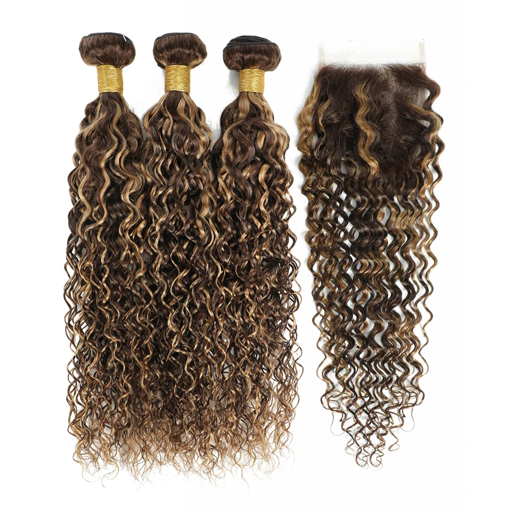 Piano Color Deep Wave Highlight 3 PCS Virgin Human Hair Bundles with Closure P4/27# Mixed Wavy Bundle and Closure Deals