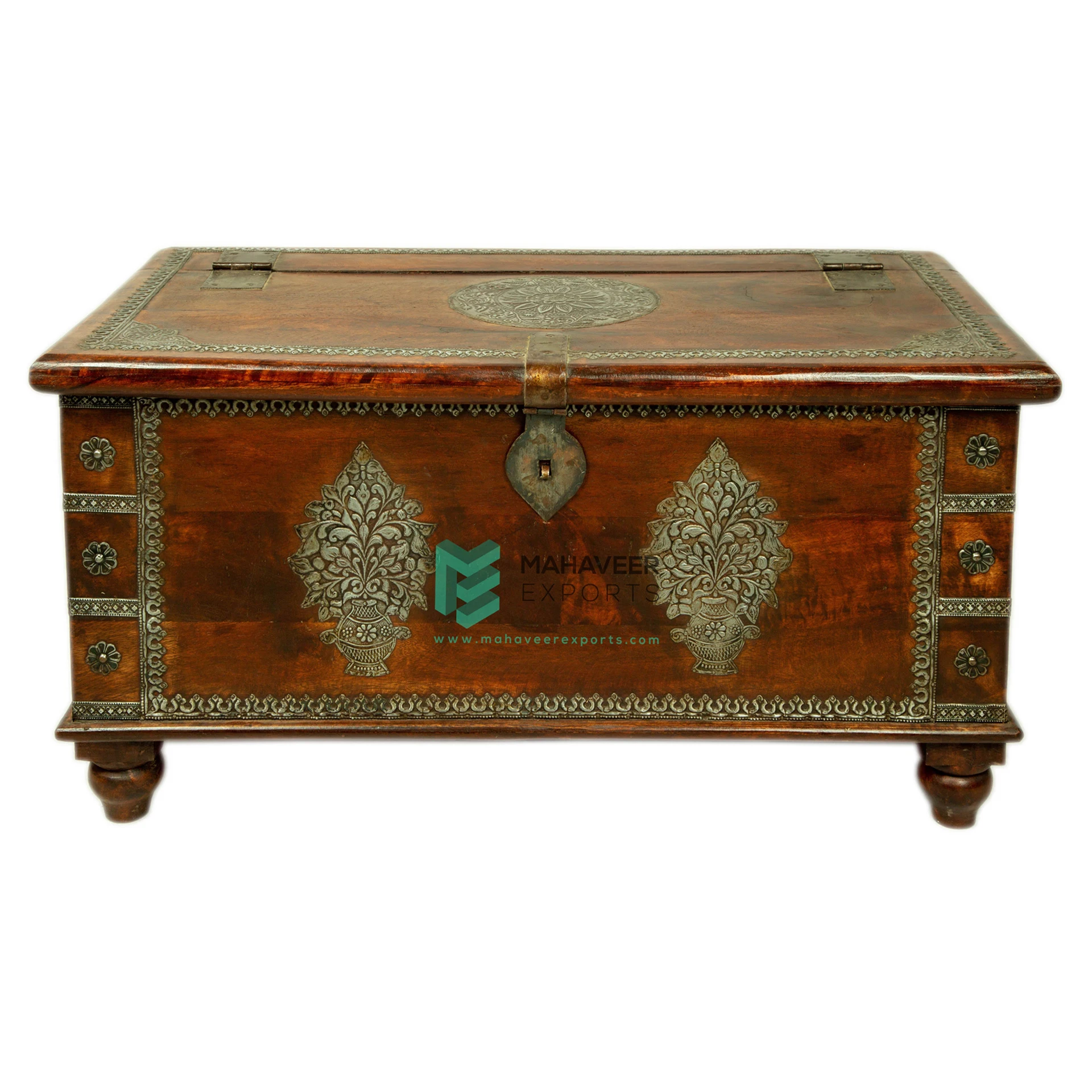 Wooden Iron Fitted Storage Chest Box Cum Coffee Table Box In Dark Brown Finish For Living Room / Bedroom Multi-Utility Furniture