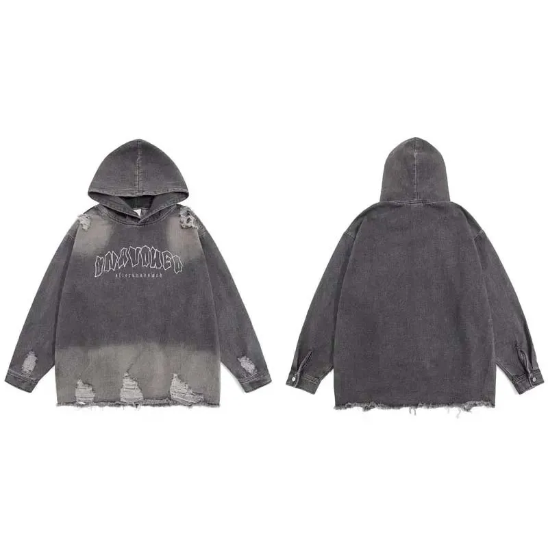 Custom Streetwear Ripped Embroidery Letter Distress Denim Jacket Hoodie Drop Shoulder Vintage Washed Denim Tears Hoodie For Men