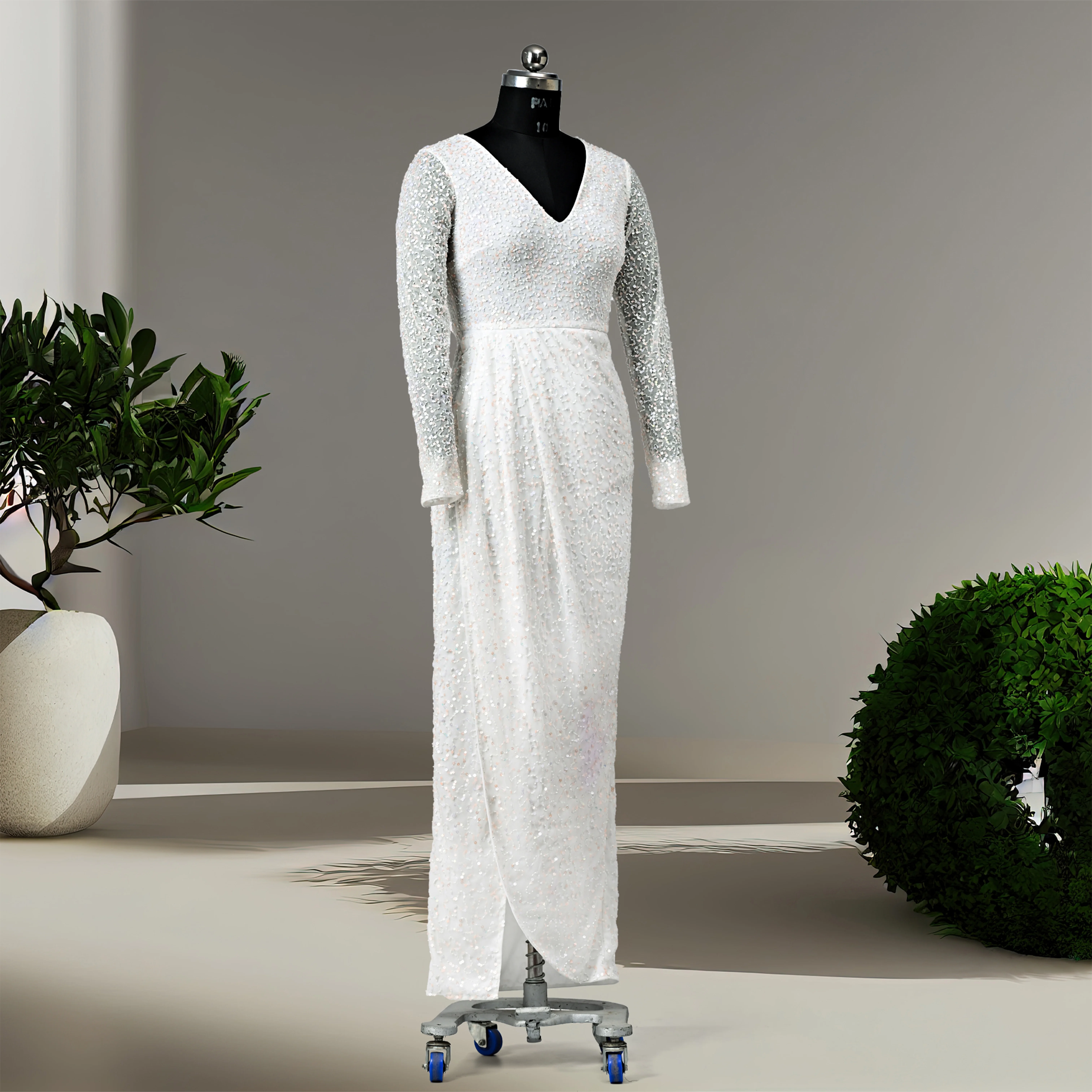 Beautiful Elegant Sequin Beads Hand Embroidery Floor Length V neck Line High Slit Evening Dress