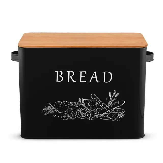 Black Bread Box for Kitchen Counter, Metal Bread Storage Bin with Wooden Cutting Lid, Large and Capacity for Holding