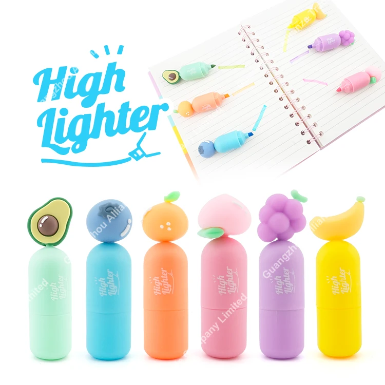 PVC And PP Cute Mini With Fruit Shape Stationery 6 Fruit Color Mini Highlighter Marker Pen For Kids