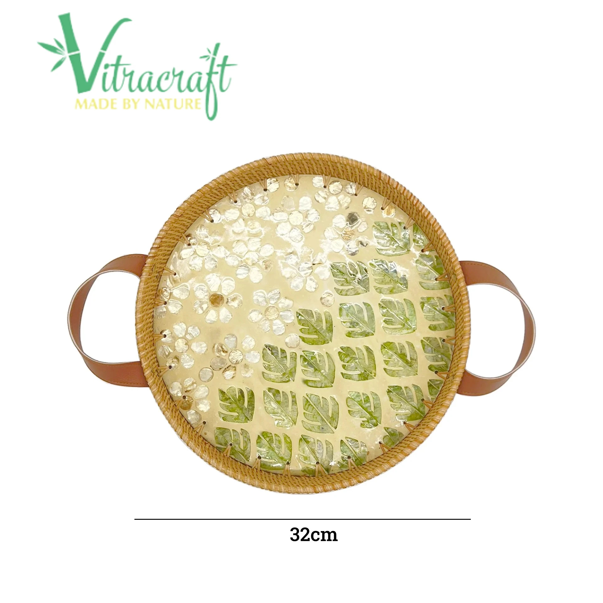 Exquisite mother-of-pearl mosaic tray, handcrafted in Vietnam Convenient multi-purpose storage basket Size D32H5cm