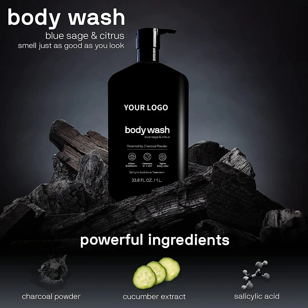 New Organic Natural Body Wash Charcoal Powder Deep Cleaning Pore Peeling Off Skin Whitening Salicylic Acid Shower Gel