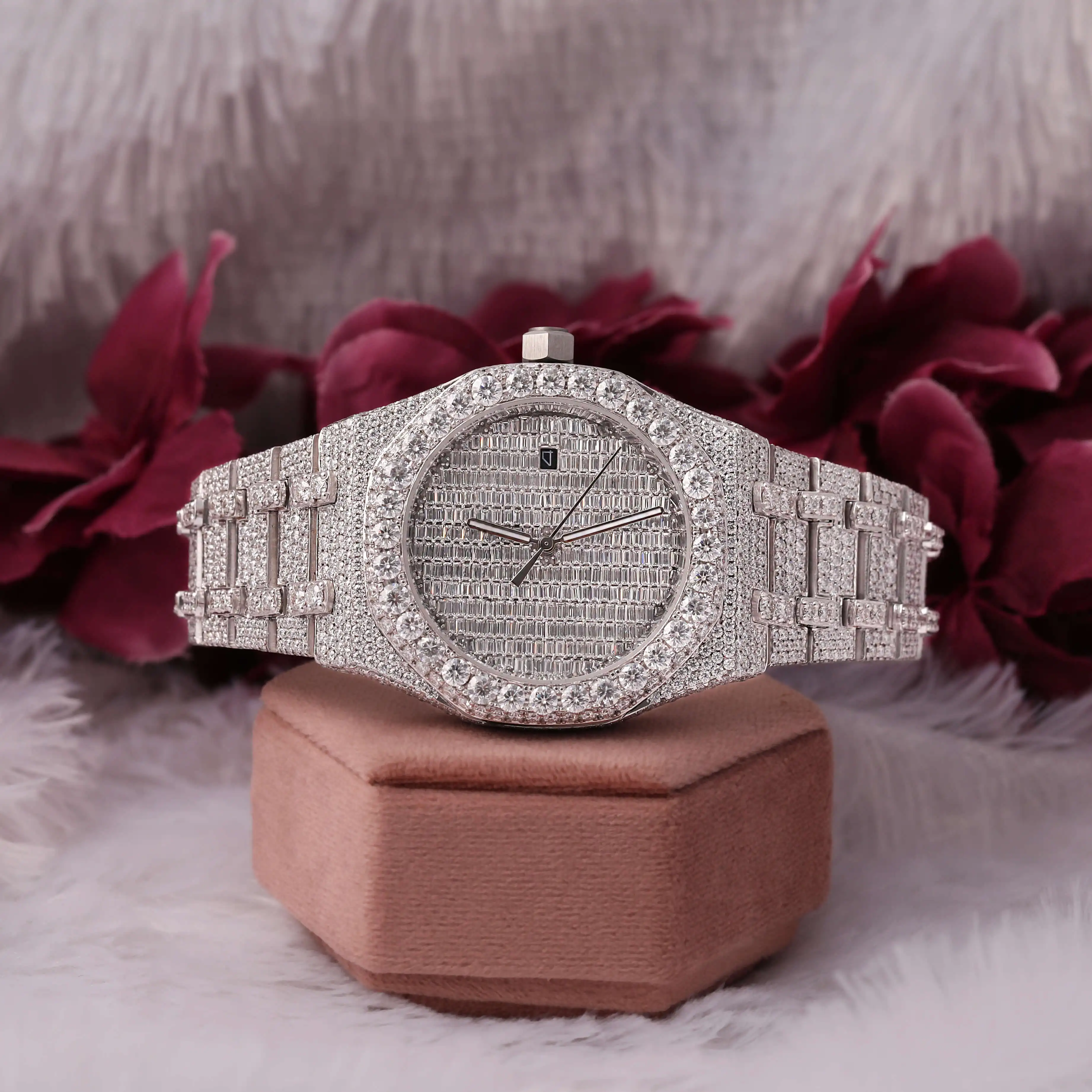 Baguette Cut Diamond Dial White Full Iced Out Moissanite Watch/ Stainless Steel Luxurious Watch Vintage Dial Hip Hop Wrist Watch