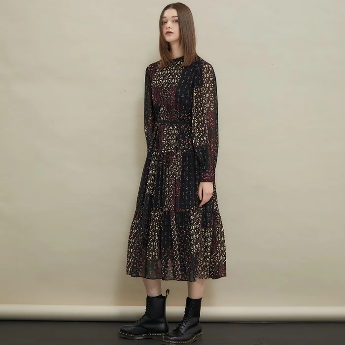 MANAVIS7 Garden frill-neck dress [Black] FREE Korean fashion Trending products 2024 new arrivals wholesale clothes