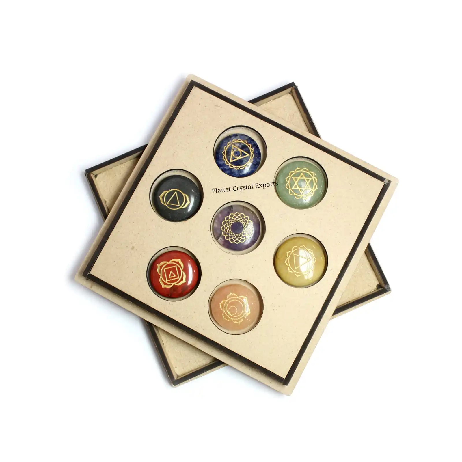 Seven Chakra Disc Set With Laser Engraved Box | Wholesale Natural Chakra Stone Set, Crystal Crafts,