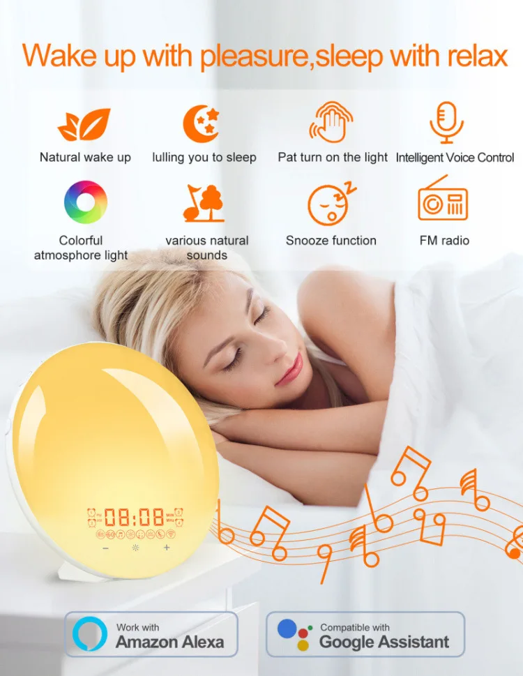 Smart Wake Up Light Supporting App/voice Control With Fm Radio And 4 Alarm Setting, Wake You Up And Help To Sleep Function