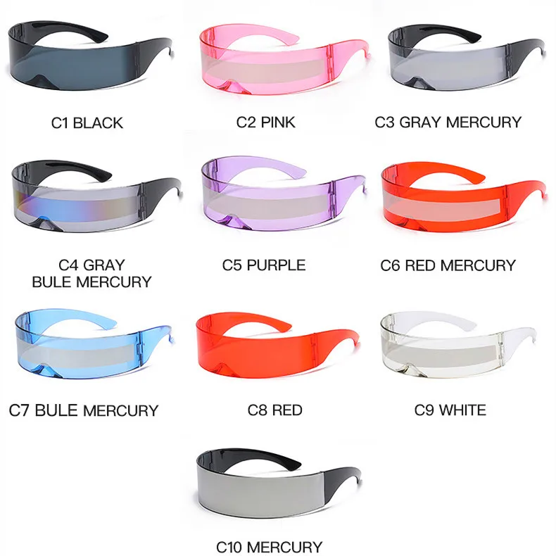 Wholesale Men Women Futuristic Party Glasses One Piece Wrap Around Silver Mirror Sunglasses Cyberpunk Goggles