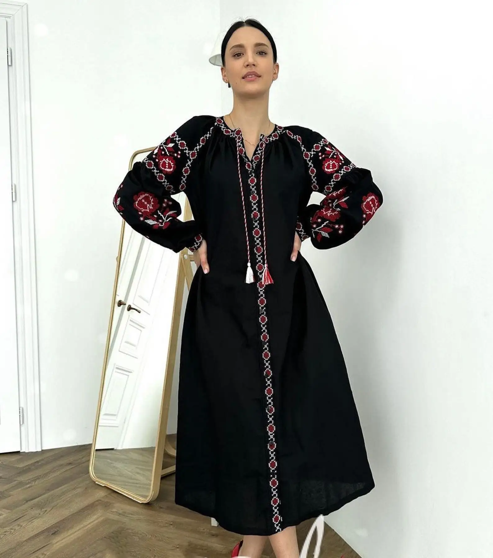 Весеннее повседневное элегантное высококачественное летнее Красное и черное сексуальное Хлопковое платье с цветочным принтом в украинском стиле Повседневное макси