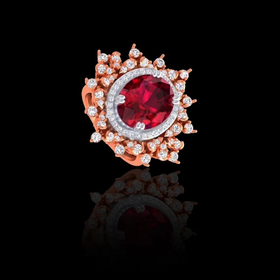 Vintage Ring Ruby and Clear Crystal Cocktail Ring 14 KT Rose Gold Women Fashion Jewelry