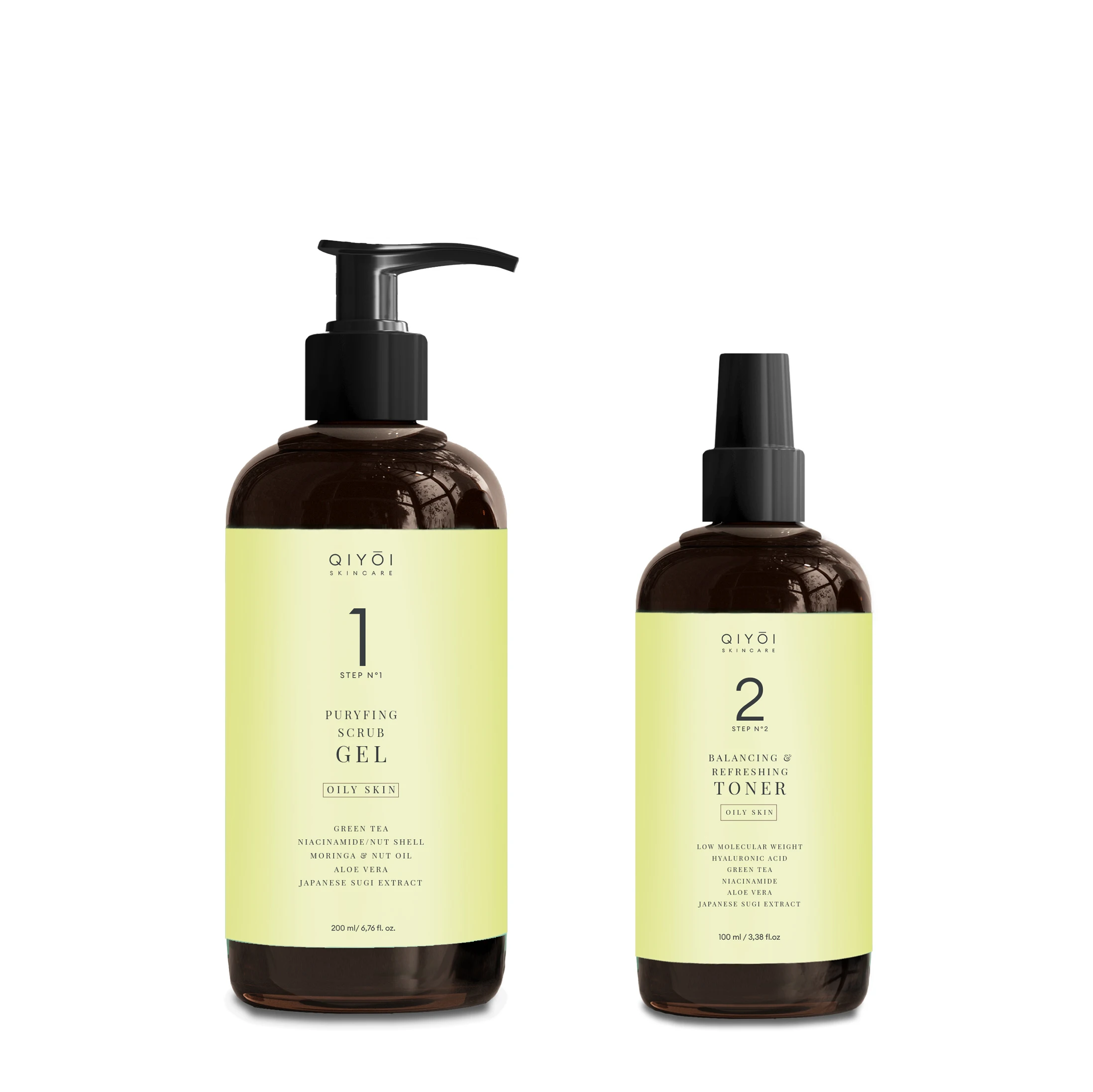 QIYOI Puyfing Skin Care Set High Quality 300 ml Routine in 2 Steps for Oily Skin Purifying Scrub Gel Cleanser & Balancing Toner