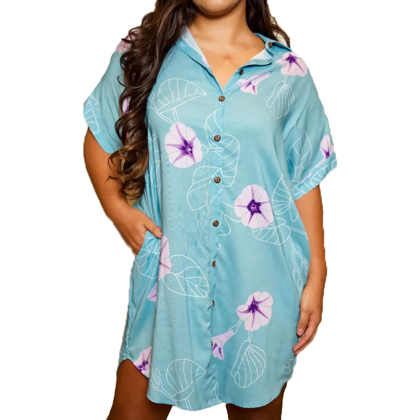 Hawaii Style Clothing Supplier Custom Pattern Print Button Down Dress With Pocket Custom Label T Shirt Dress