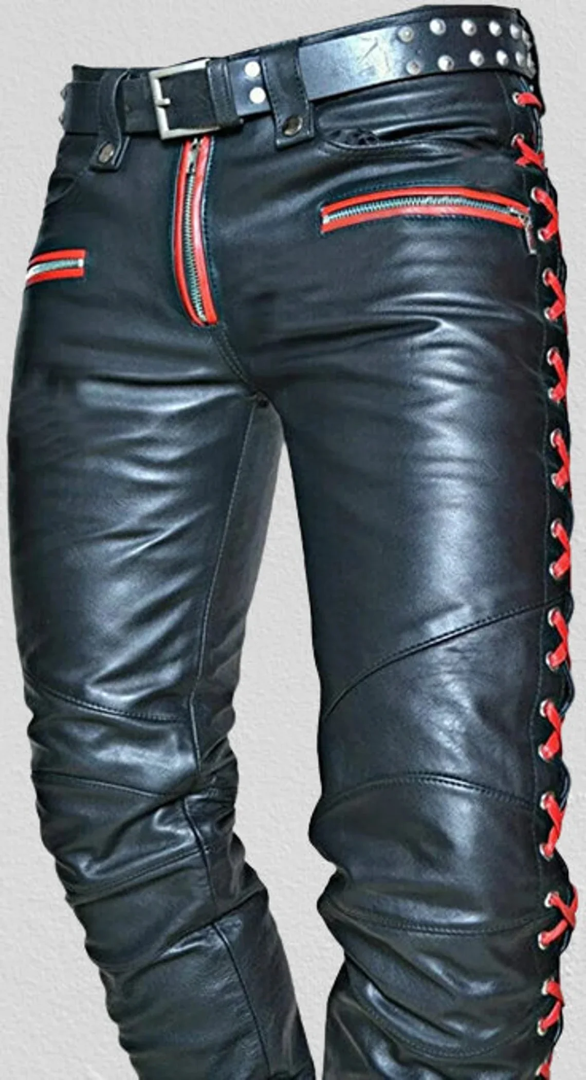 Men Trousers Black Leather Motorcycle Pants Cargo Pockets Vintage Clothing Men Clothing for Men Party leather trouser