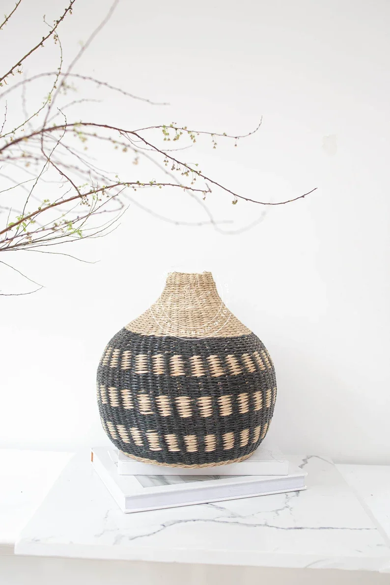 Bamboo Handmade Woven Basket with Black Paint and Cotton Hair Balls for Decoration perfect for Storage or Plant Pot