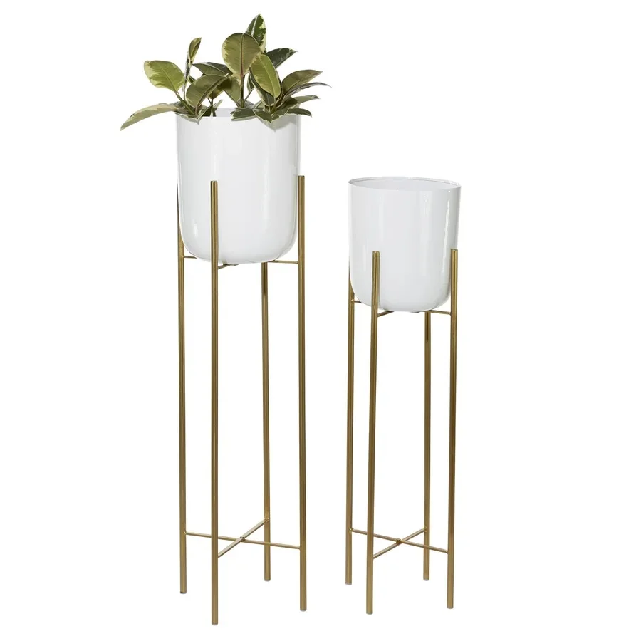 Modern Gold Metal Flower Pot with White Stand Long Planter For Floor Table Decor Classic Plant Holder Display Made In India