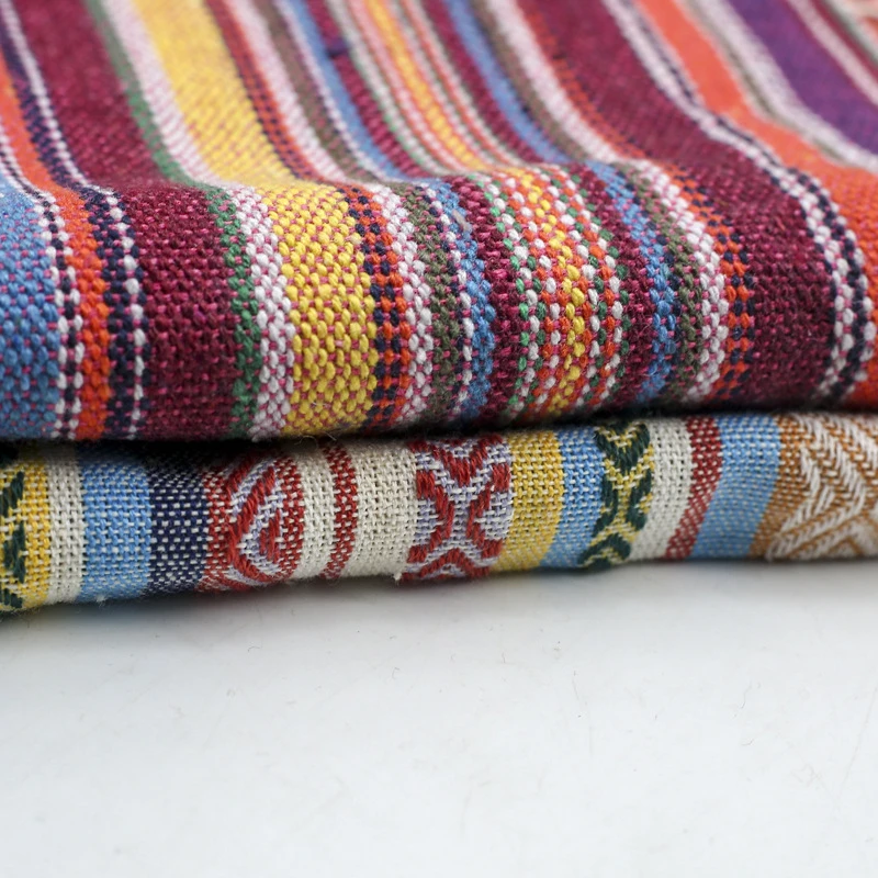 Organic National Wind Geometric Stripe Jacquard Yarn-Dyed Cotton Canvas Fabric Lightweight for Pillow Luggage