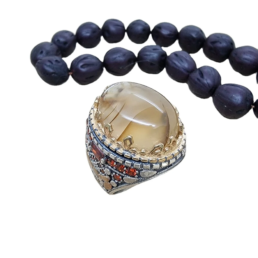 925 Sterling Silver Yemen Aqeeq Ring Turkish for Men Trendy Ring Accessories Gift for Man Traditional Sulemani Men Ring