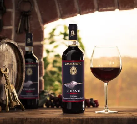 Alcoholic beverage italian red wine CHIANTI Riserva ruby red drink bottle Tuscani DOCG