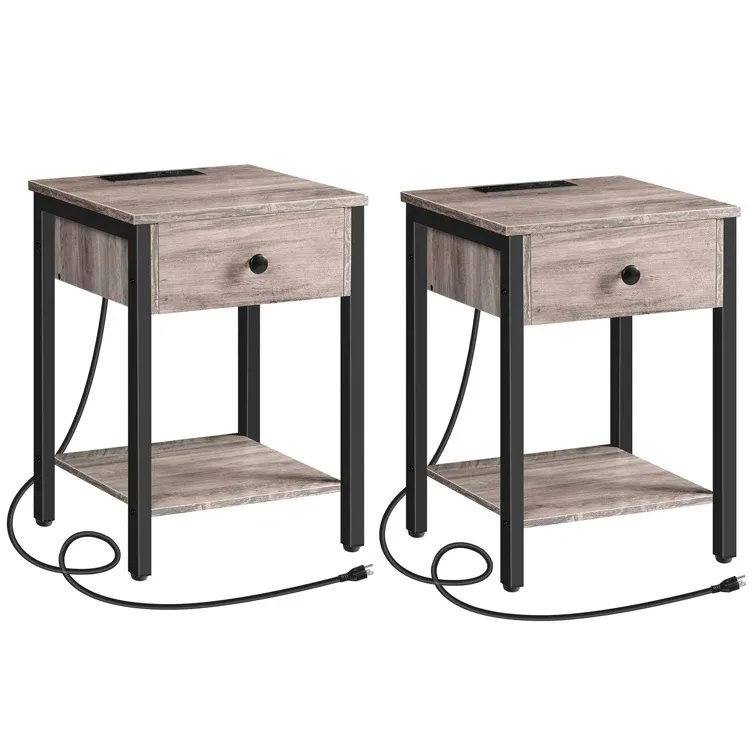 Factory Wholesale Night Stand Bedside Table Nightstands Set of 2 with Charging Station