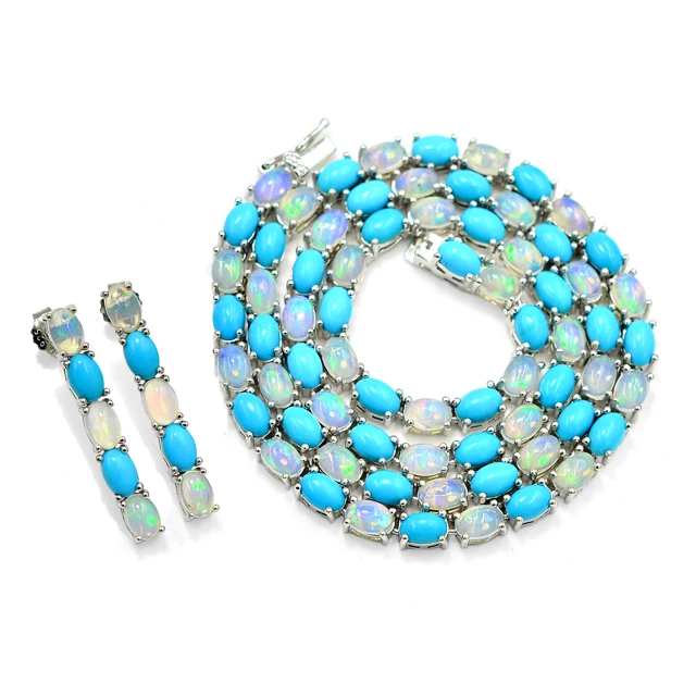 Top Quality Natural Opal Turquoise 6x4 MM 925 Sterling Silver Tennis Style Jewelry Necklace Earring Set Manufacturer From India
