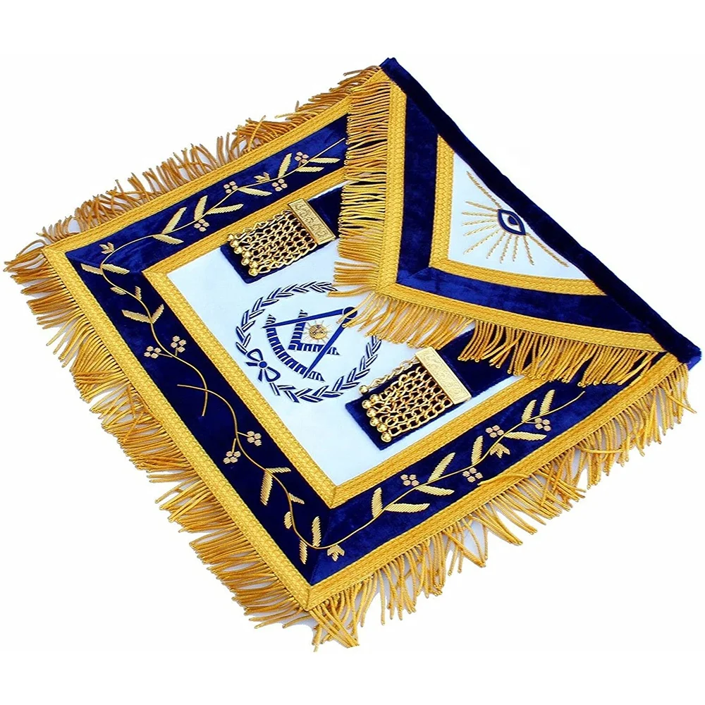 Masonic Grand Past Master apron with gold bullion blue thread purple velvet and backing with pocket and adjustable belt