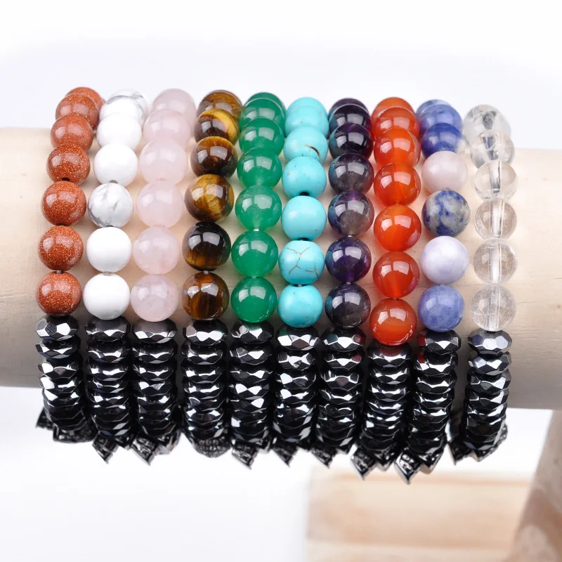 Creative Black Skull Stone Bracelet for Men Jewelry Faced Hematite Handmade Elastic Stretch Popular Natural Gemstone Bracelet