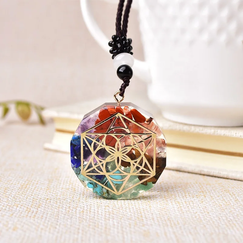 Wholesale Natural Wicca 7 Chakra Stone Bonded Meditation Energy Gemstone Resin Pendant Jewelry For Men Women Charm Necklace