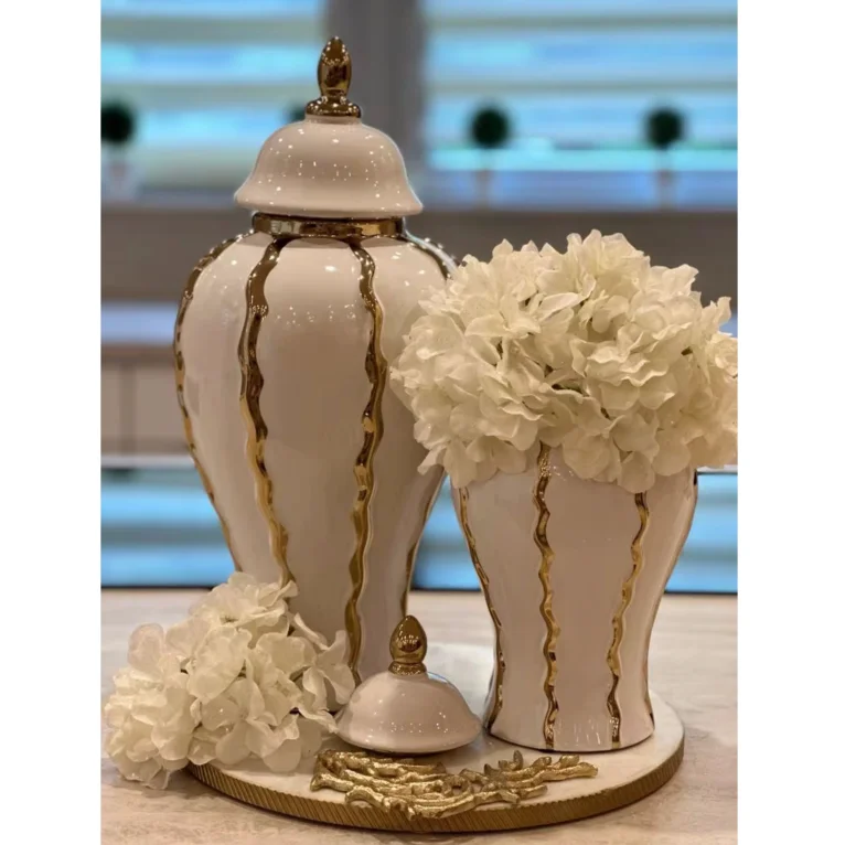 White and gold wavy grain ginger jar ceramic textures vases for flowers home decor accents luxury furniture