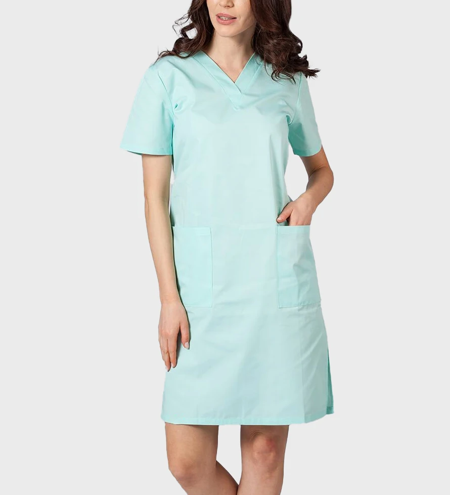 Hospital Scrubs 2 Pockets Slim Middle Women Scrub Dress Nurse Styles Design V-Neck Nurse Medical Uniform Dress