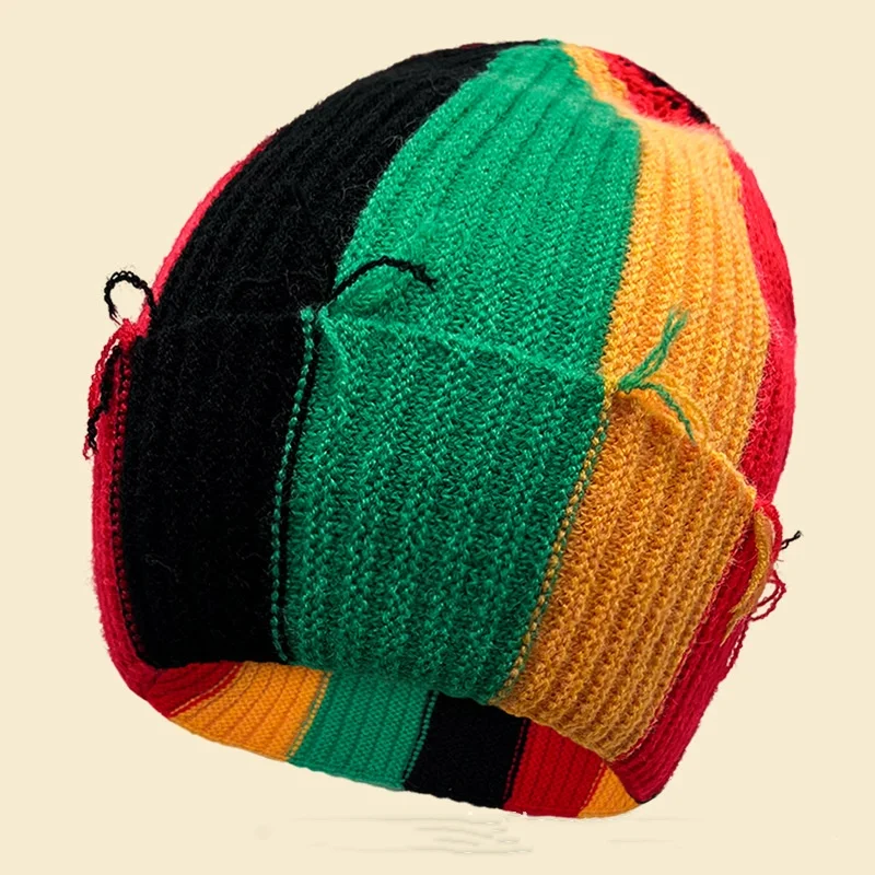Warm Jacquard Knitted Skull Beanie Hat Jamaican Reggae Fringe Design Winter Casual Rainbow Beanies Men Women