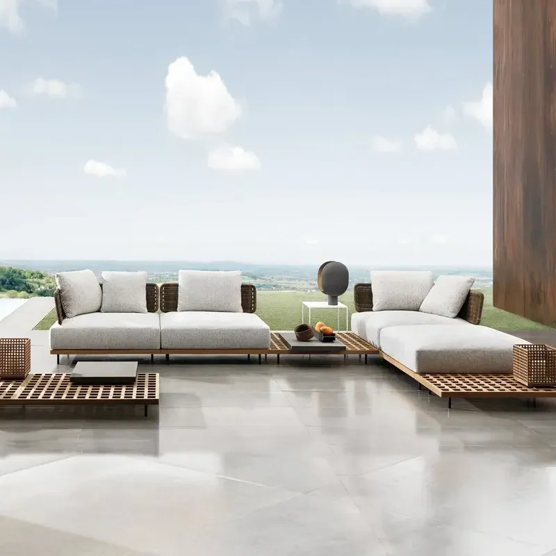 Hot Selling Patio Outdoor Luxury Modern Seating Furniture Teak Sofa Set High-End Rattan Furniture Garden Balcony Sofa