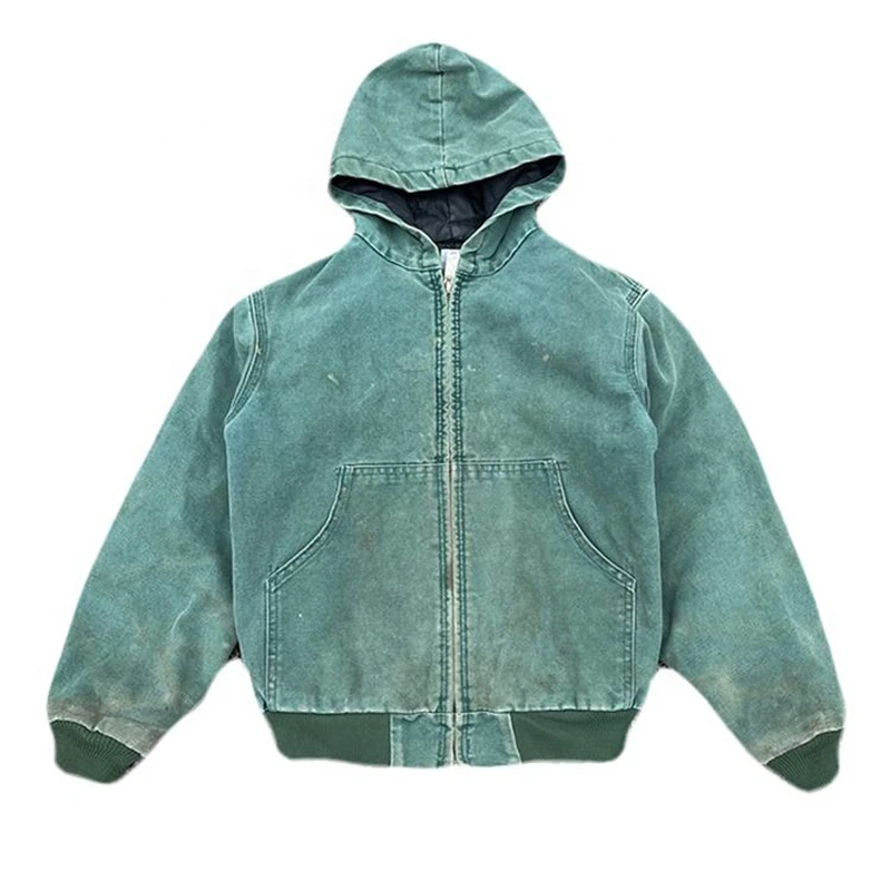 Custom Wash Heavy Duck Canvas Jeans Work Jacket With Lined Vintage Faded Worker Hooded Jacket Zip Up Hoodie