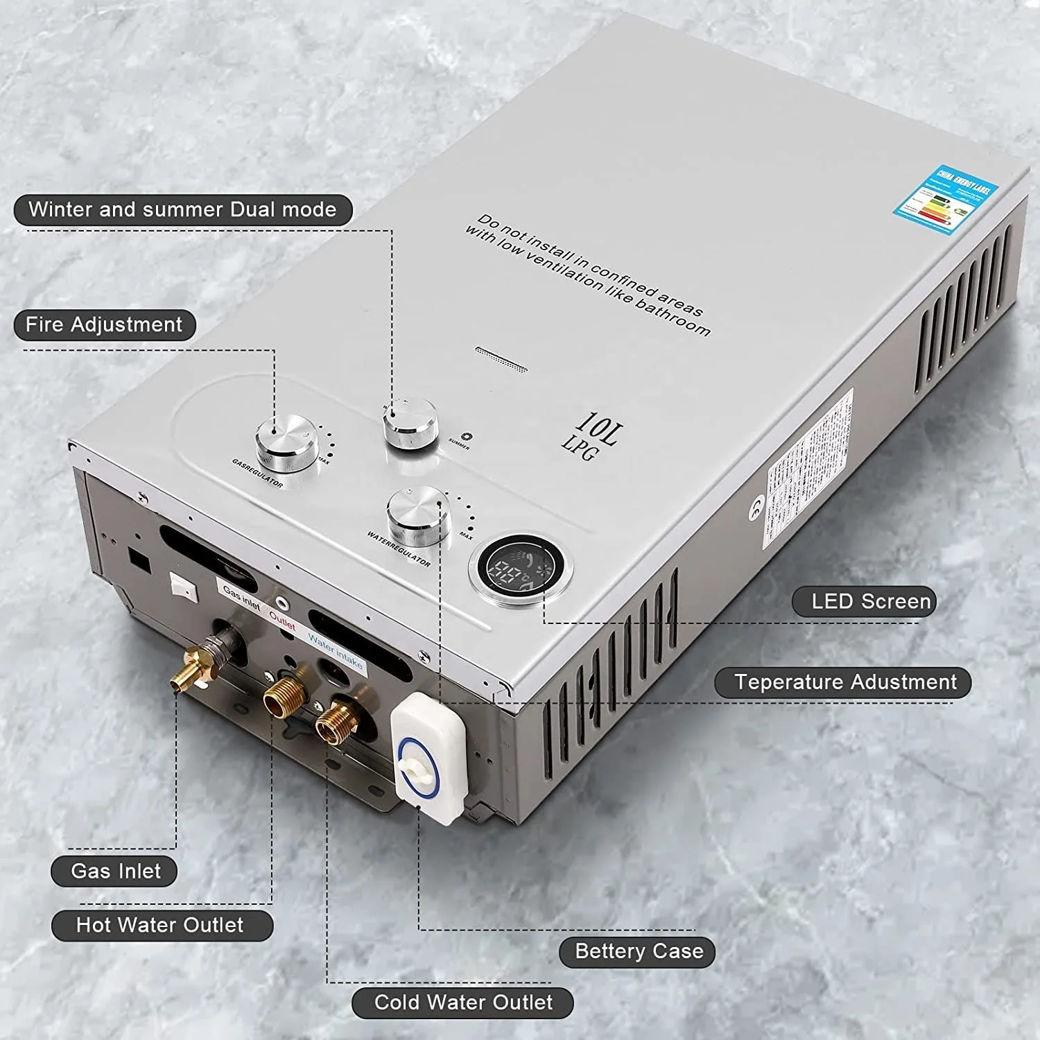 10L 2.64 GPM Instant Tankless Liquid Propane Gas LPG Hot Portable Gas Water Heater With Shower Kit